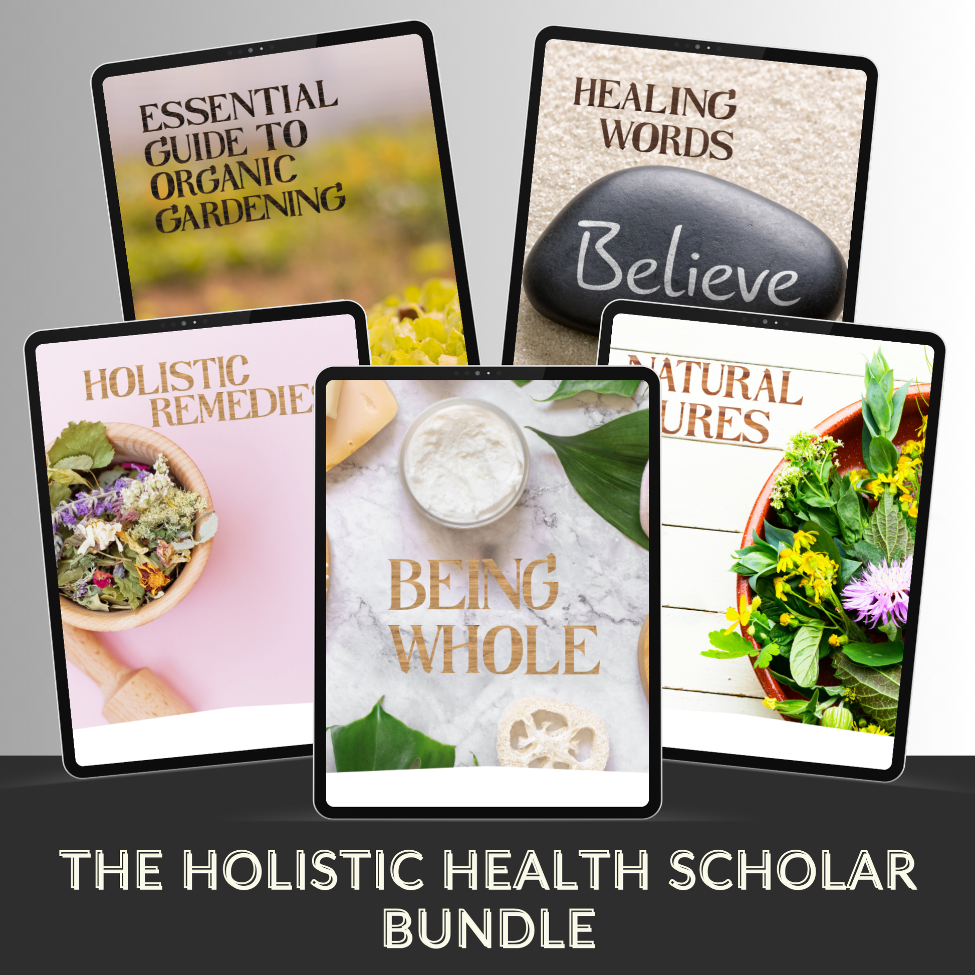 Image of The Holistic Health Scholar Bundle, featuring in-depth guides on herbal remedies, organic gardening, nutrition, and self-care, designed to enhance your knowledge and practice of holistic health and wellness