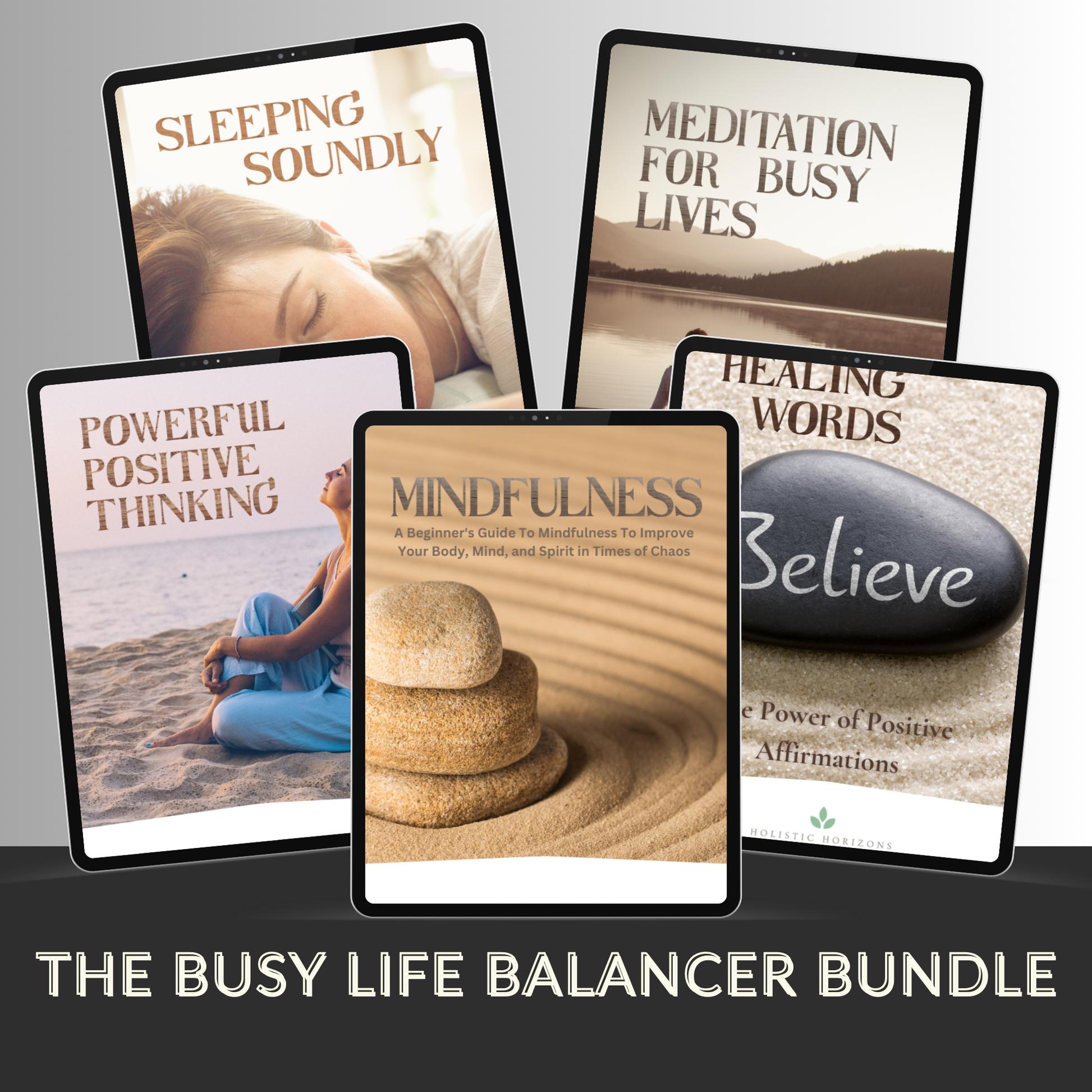 Image of The Mindful Balancer Bundle, featuring guides on mindfulness, meditation, stress relief, and self-care practices, designed to help achieve emotional balance, mental clarity, and overall well-being.